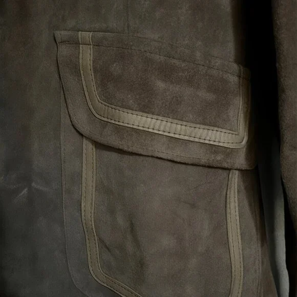 Vintage Long Brown Leather & Suede Coat w/ Lamb Fur Trim – Suede Belt - Picture 5 of 8